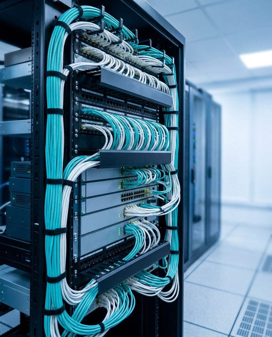 Netjes aangelegd datanetwerk in een serverkast