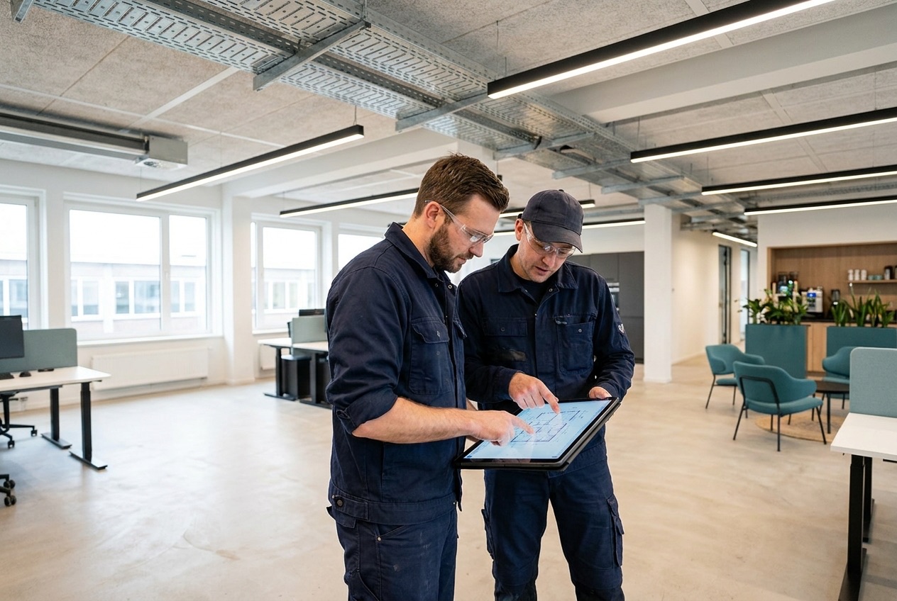 Twee installateurs bespreken de installatietekening
